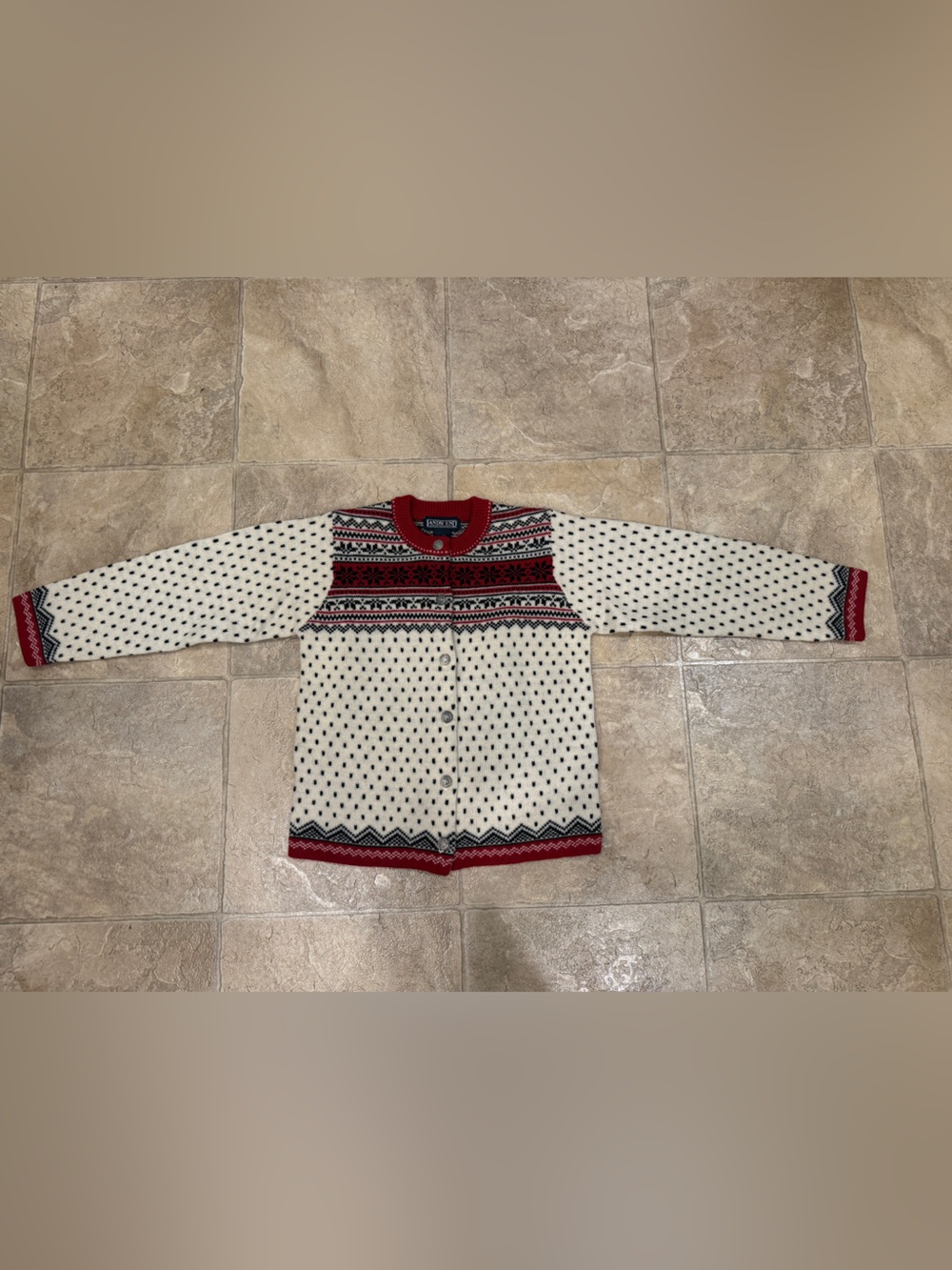Child Lands ' End Cream and Red Fair Isle Cardigan
